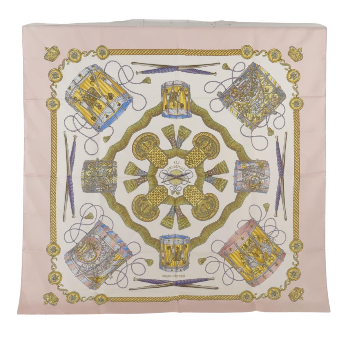 HERMES Carre 90 Scarf Silk ""LES TAMBOURS"" Pink Auth 103663