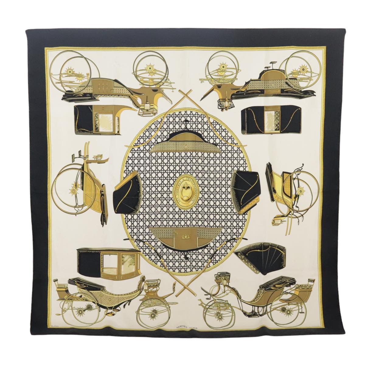 HERMES Carre 90 Scarf Silk ""LES VOITURES A TRANSFORMATION"" Black Auth 103664