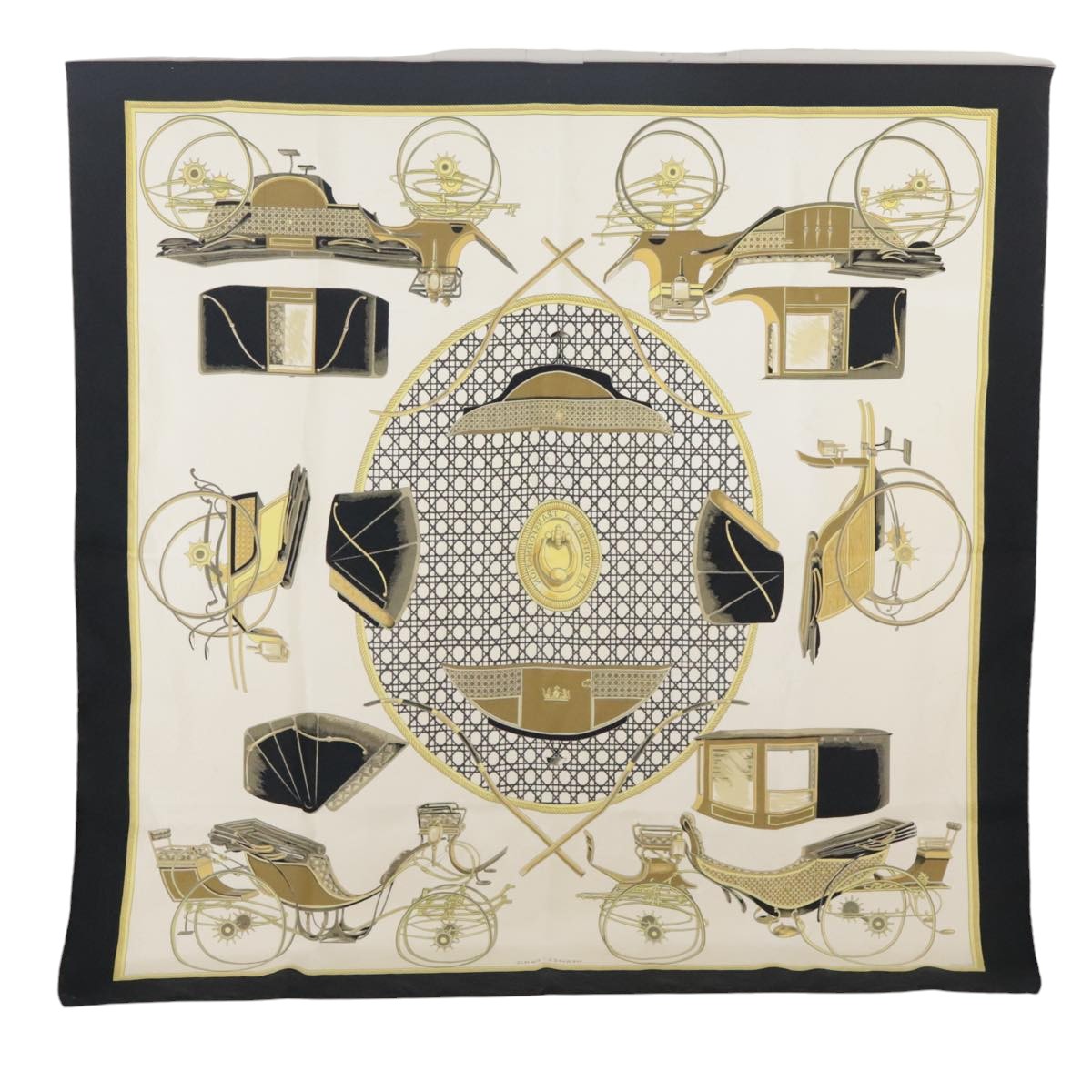 HERMES Carre 90 Scarf Silk ""LES VOITURES A TRANSFORMATION"" Black Auth 103664