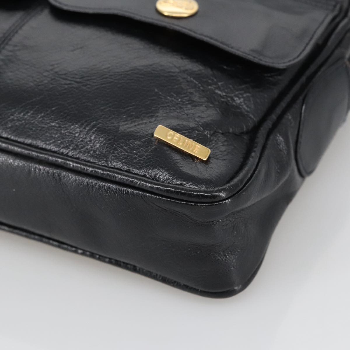 CELINE Shoulder Bag Leather Black Gold Auth 103691