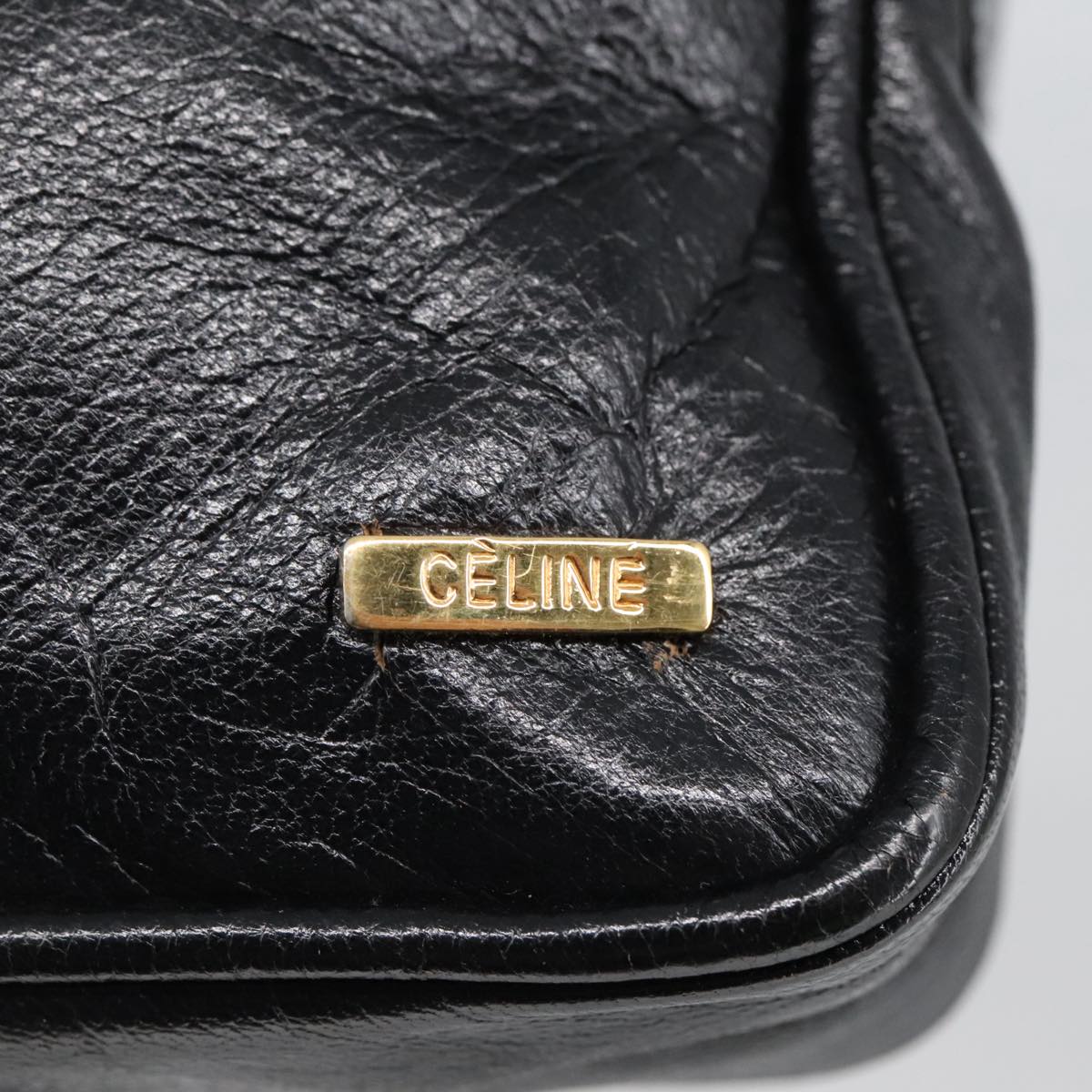 CELINE Shoulder Bag Leather Black Gold Auth 103691