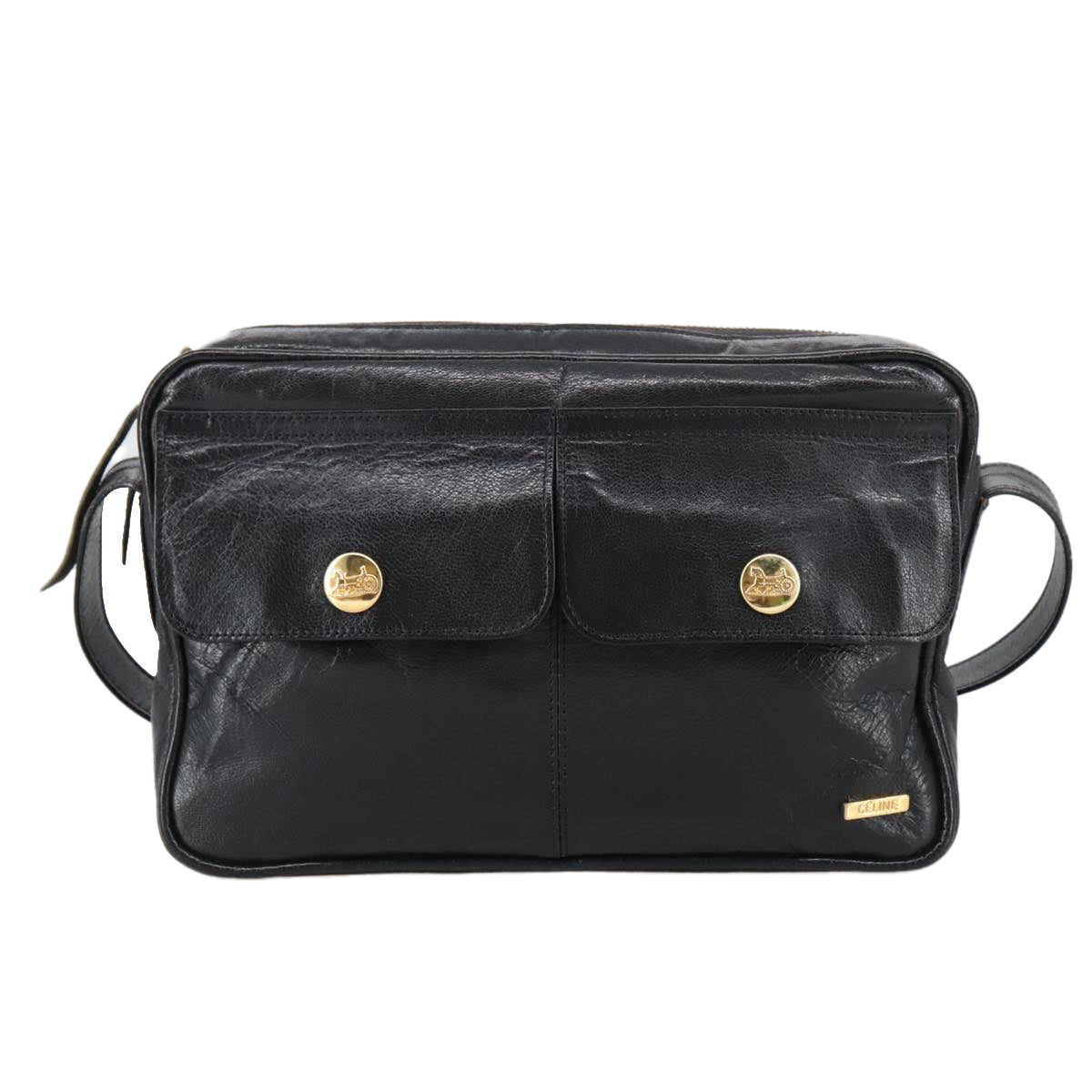 CELINE Shoulder Bag Leather Black Gold Auth 103691