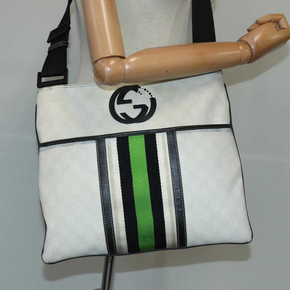 GUCCI GG Supreme Sherry Line Shoulder Bag PVC Green White 181067 Auth 103737