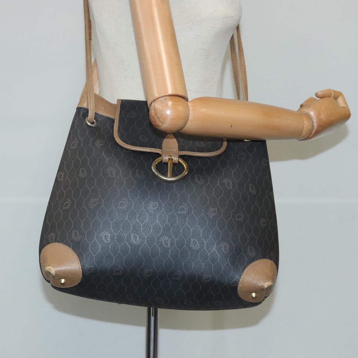 Christian Dior Honeycomb Canvas Shoulder Bag PVC Leather Black Auth 103769