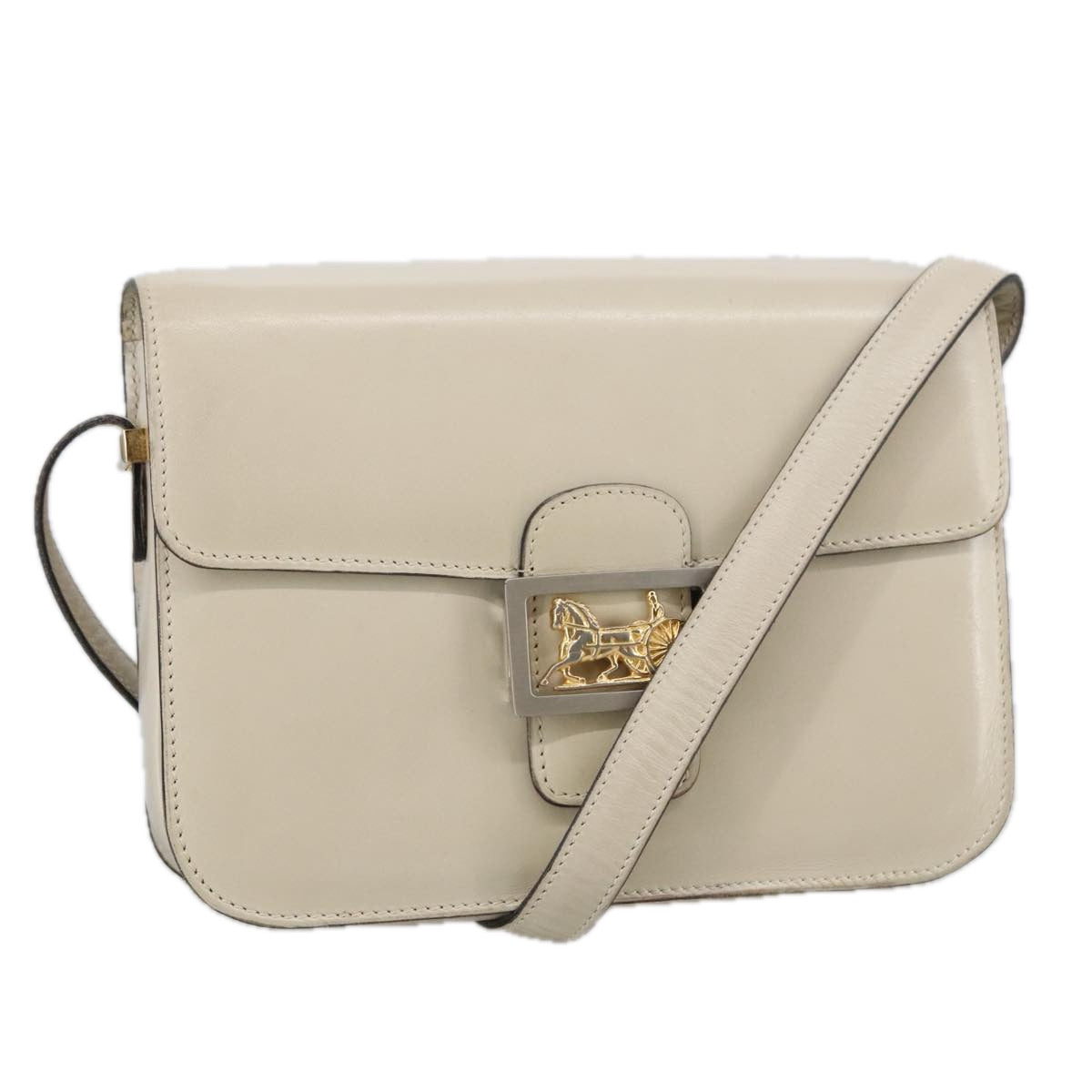 CELINE Horse Carriage Shoulder Bag Leather Beige Gold Auth 103796