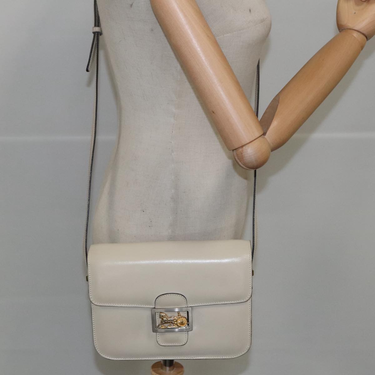 CELINE Horse Carriage Shoulder Bag Leather Beige Gold Auth 103796