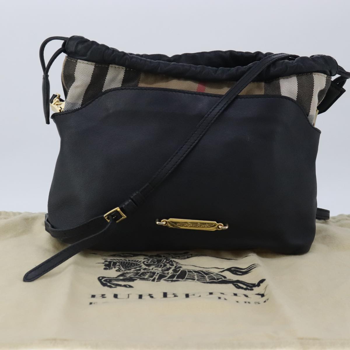 BURBERRY Shoulder Bag Leather Black Gold Auth 103801