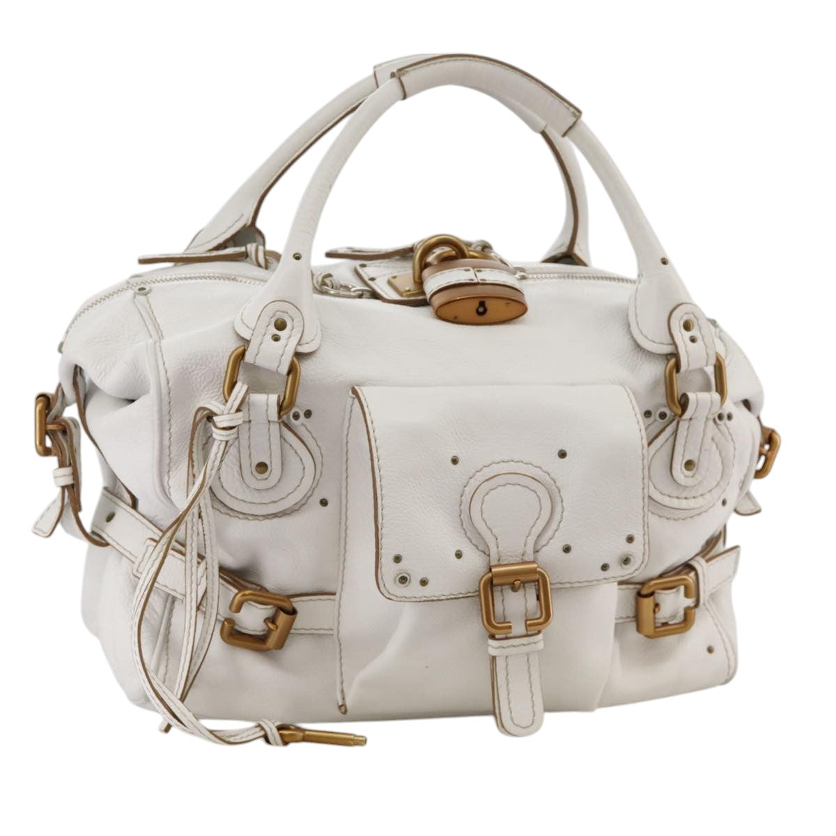 Chloe Paddington Shoulder Bag Leather White Gold Silver Auth 103895