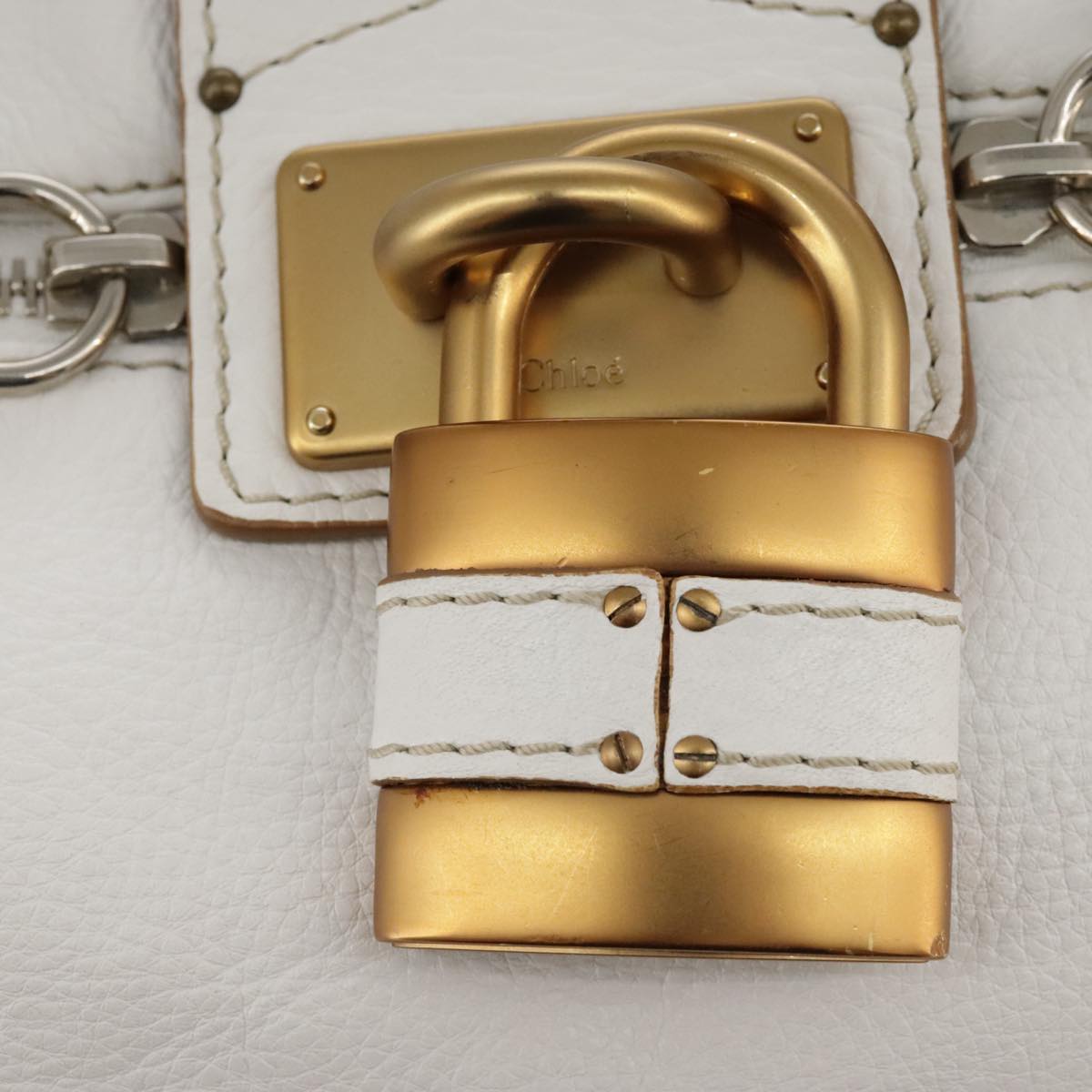 Chloe Paddington Shoulder Bag Leather White Gold Silver Auth 103895