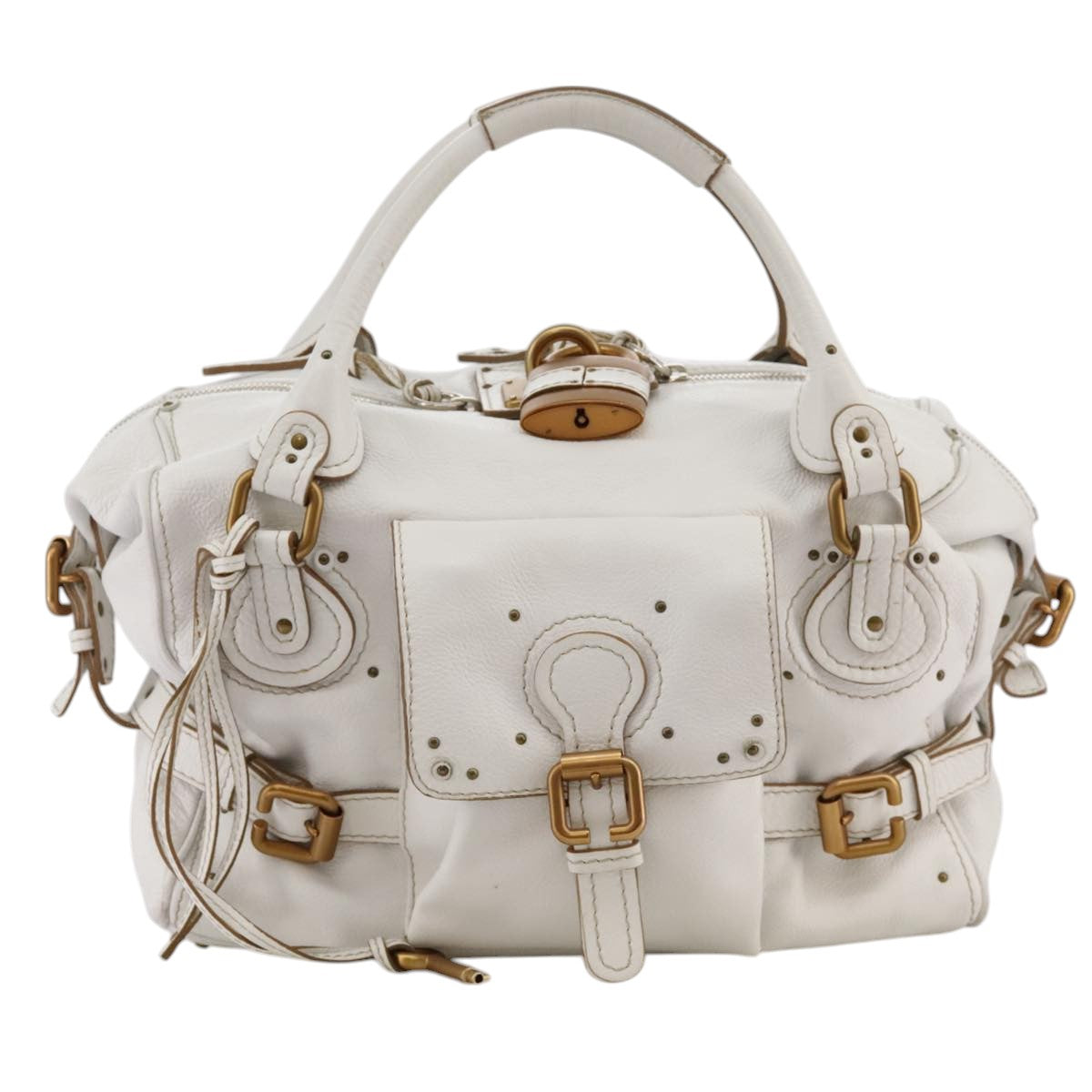 Chloe Paddington Shoulder Bag Leather White Gold Silver Auth 103895