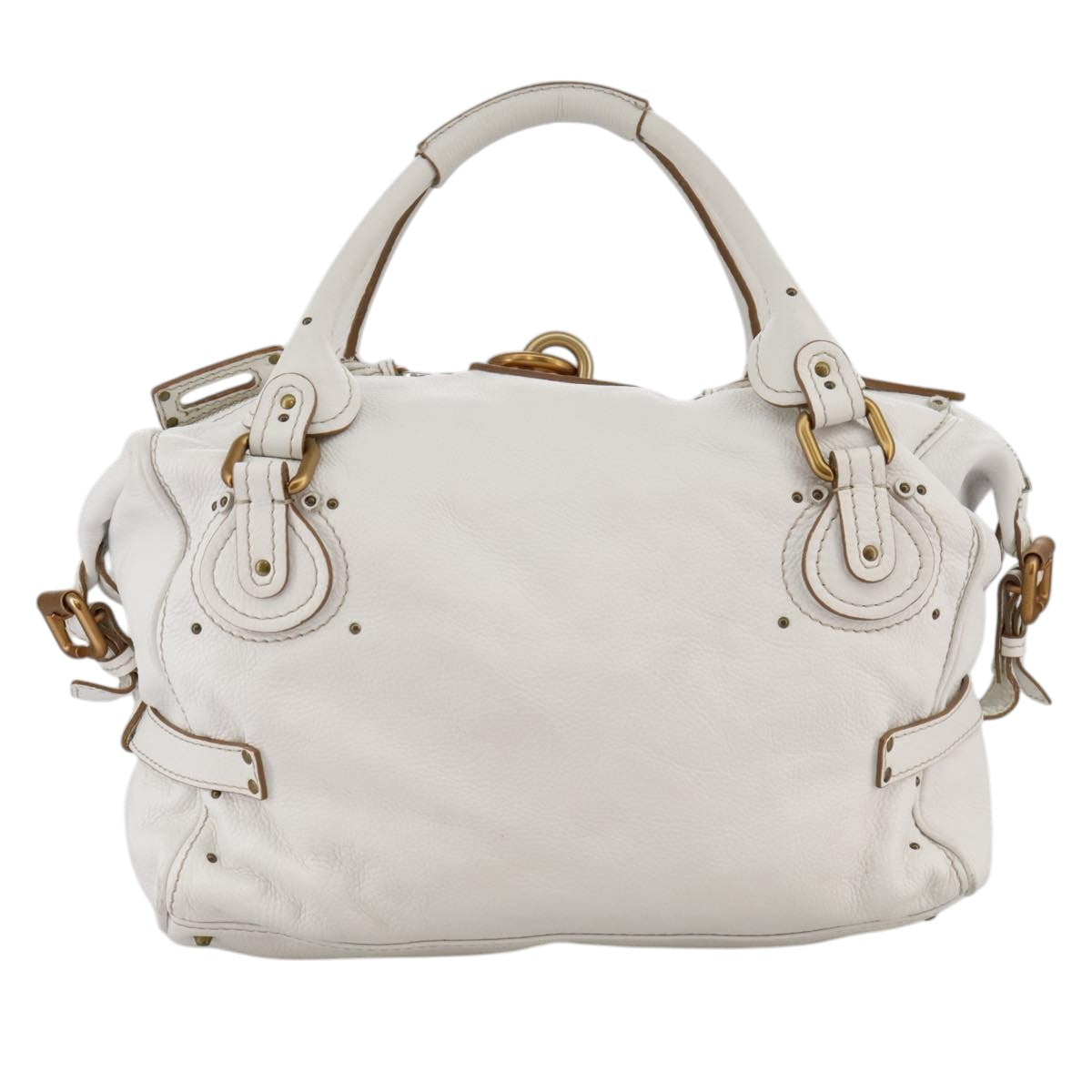 Chloe Paddington Shoulder Bag Leather White Gold Silver Auth 103895