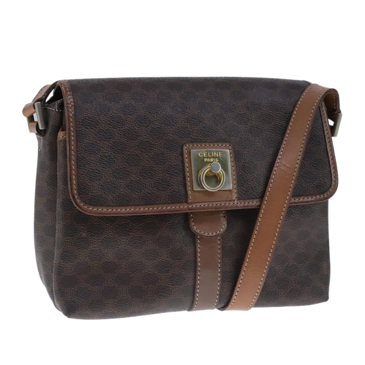 CELINE Macadam Canvas Shoulder Bag PVC Leather Brown Gold Auth 103934