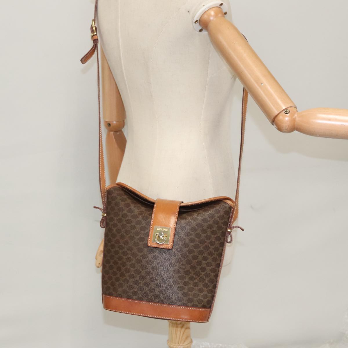 CELINE Macadam Canvas Shoulder Bag PVC Leather Brown Gold Auth 103957