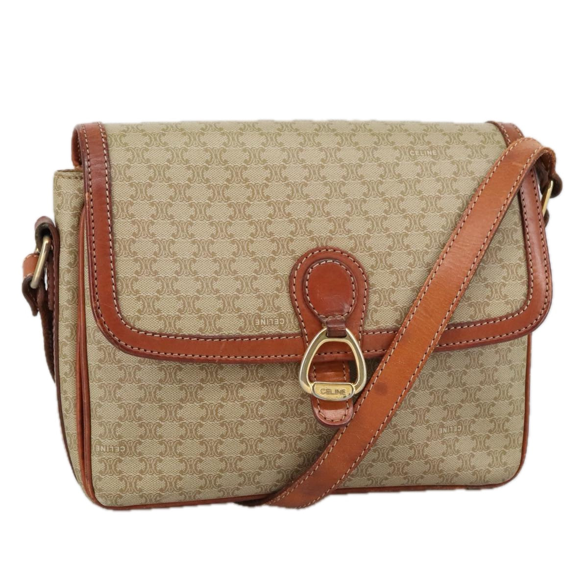 CELINE Macadam Canvas Shoulder Bag Beige Gold Auth 103958