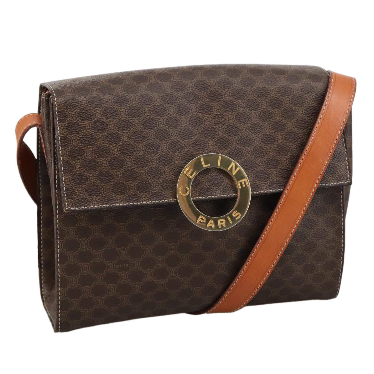 CELINE Macadam Canvas Shoulder Bag PVC Leather Brown Gold Auth 104026