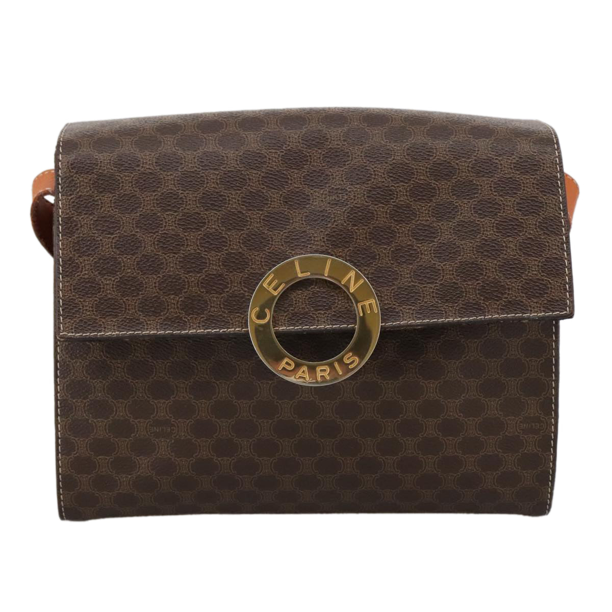 CELINE Macadam Canvas Shoulder Bag PVC Leather Brown Gold Auth 104026