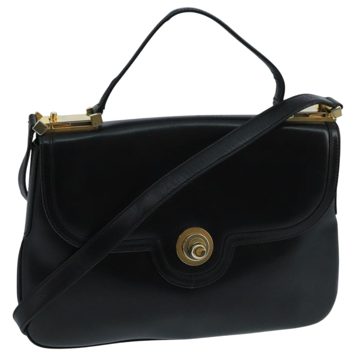 GUCCI Shoulder Bag Leather Black Gold Auth 104033