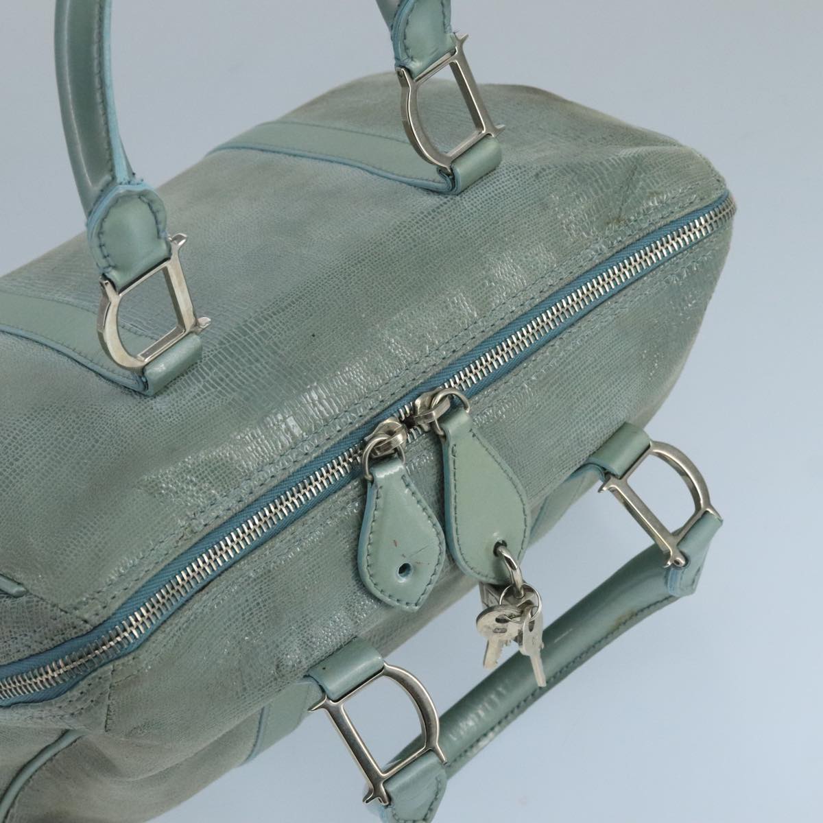 Christian Dior Boston Bag Suede Light Blue Silver Auth 104114