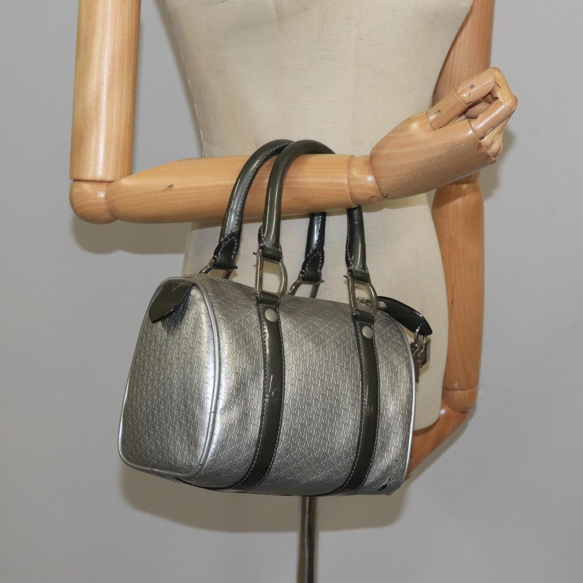 Christian Dior Trotter Canvas Hand Bag Silver Auth 104146