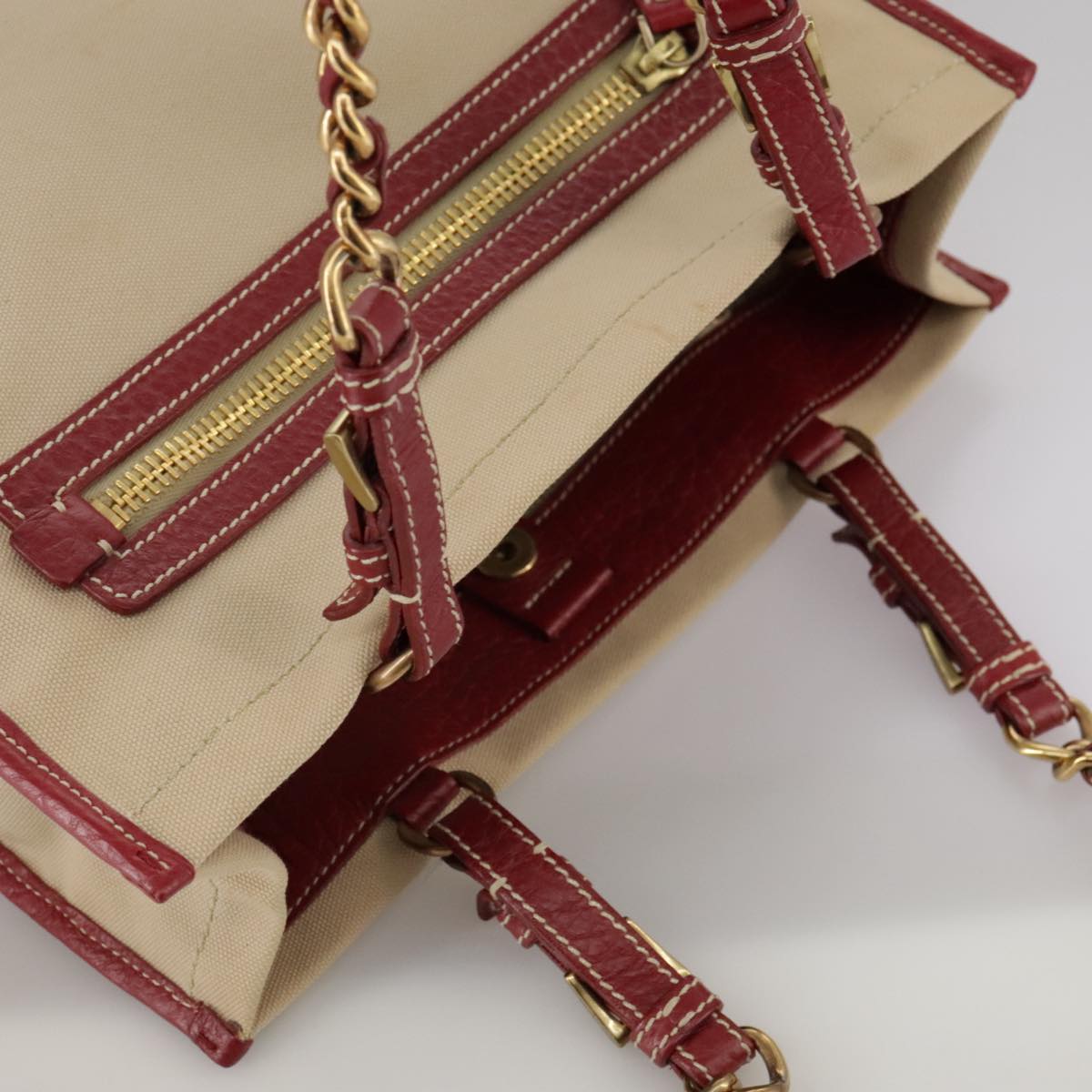 PRADA Chain Tote Bag Canvas Beige Gold Auth 104231
