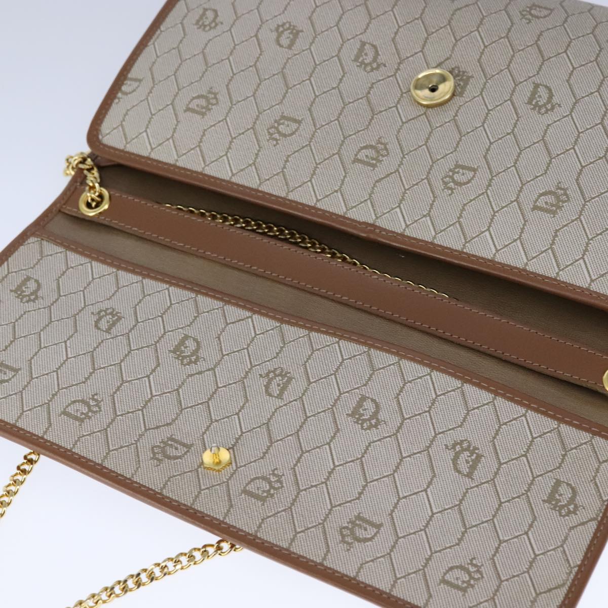 Christian Dior Honeycomb Canvas Chain Shoulder Bag PVC Leather Beige Auth 104360