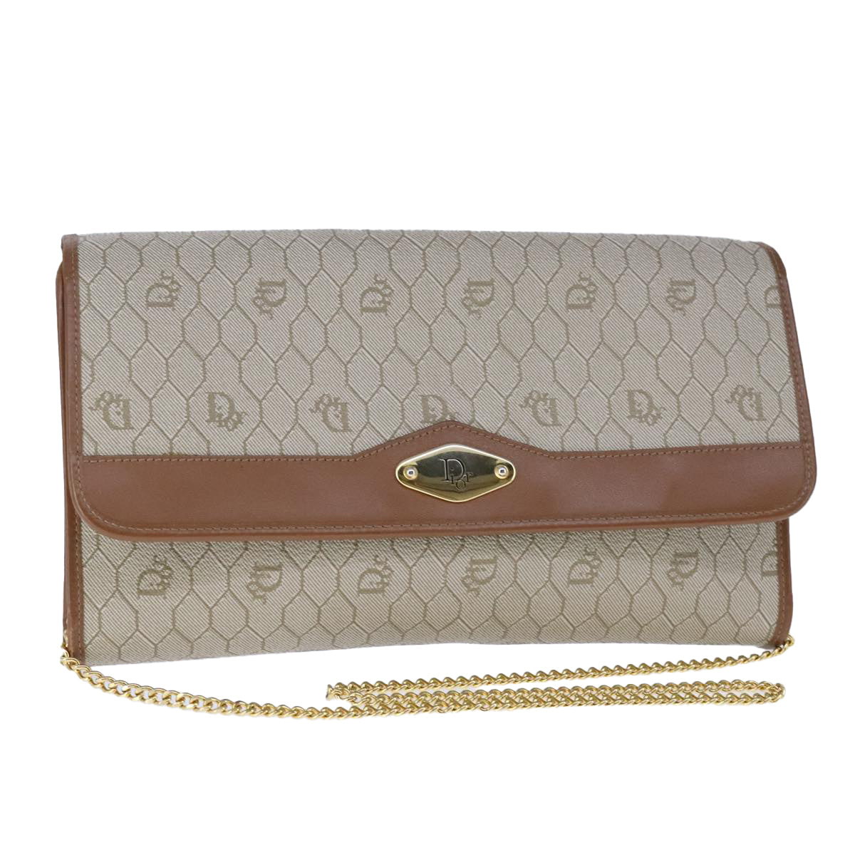 Christian Dior Honeycomb Canvas Chain Shoulder Bag PVC Leather Beige Auth 104360