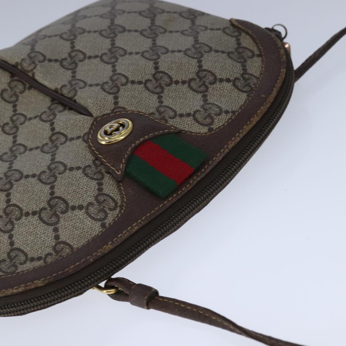 GUCCI GG Supreme Web Sherry Line Shoulder Bag PVC Leather Beige Gold Auth 104419