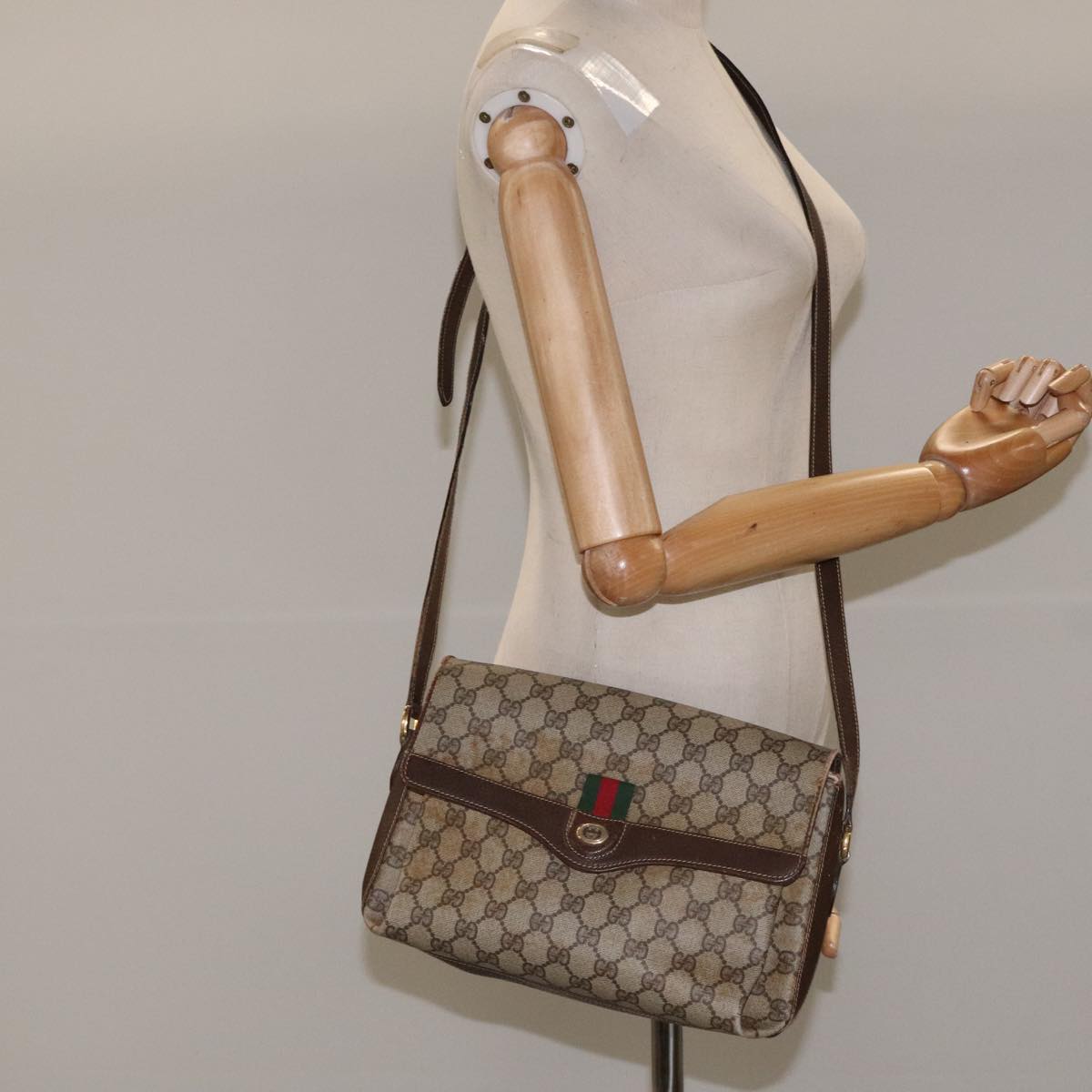 GUCCI GG Supreme Web Sherry Line Shoulder Bag PVC Beige Red Green Auth 104484