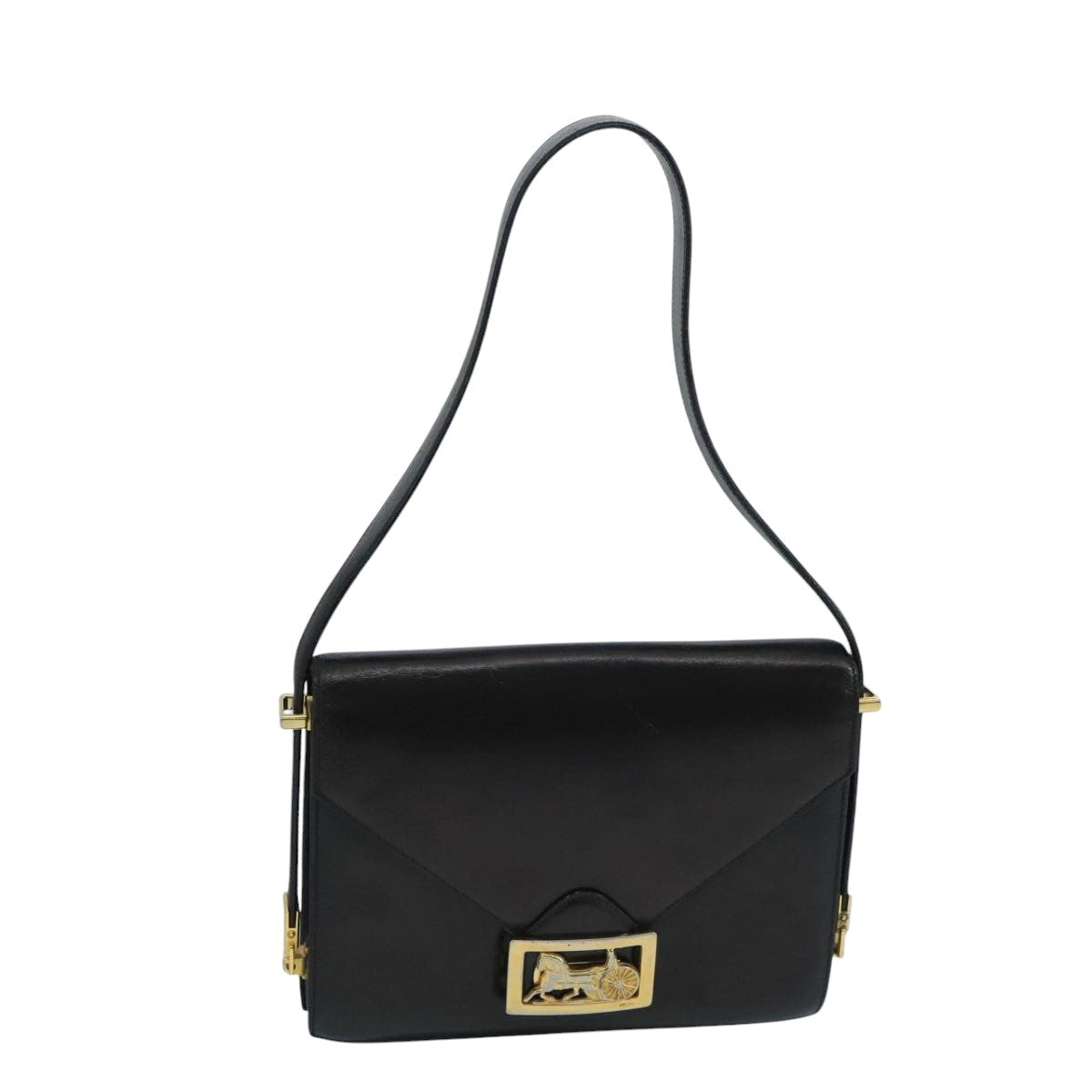 CELINE Horse Carriage Shoulder Bag Leather Black Gold Auth 104515