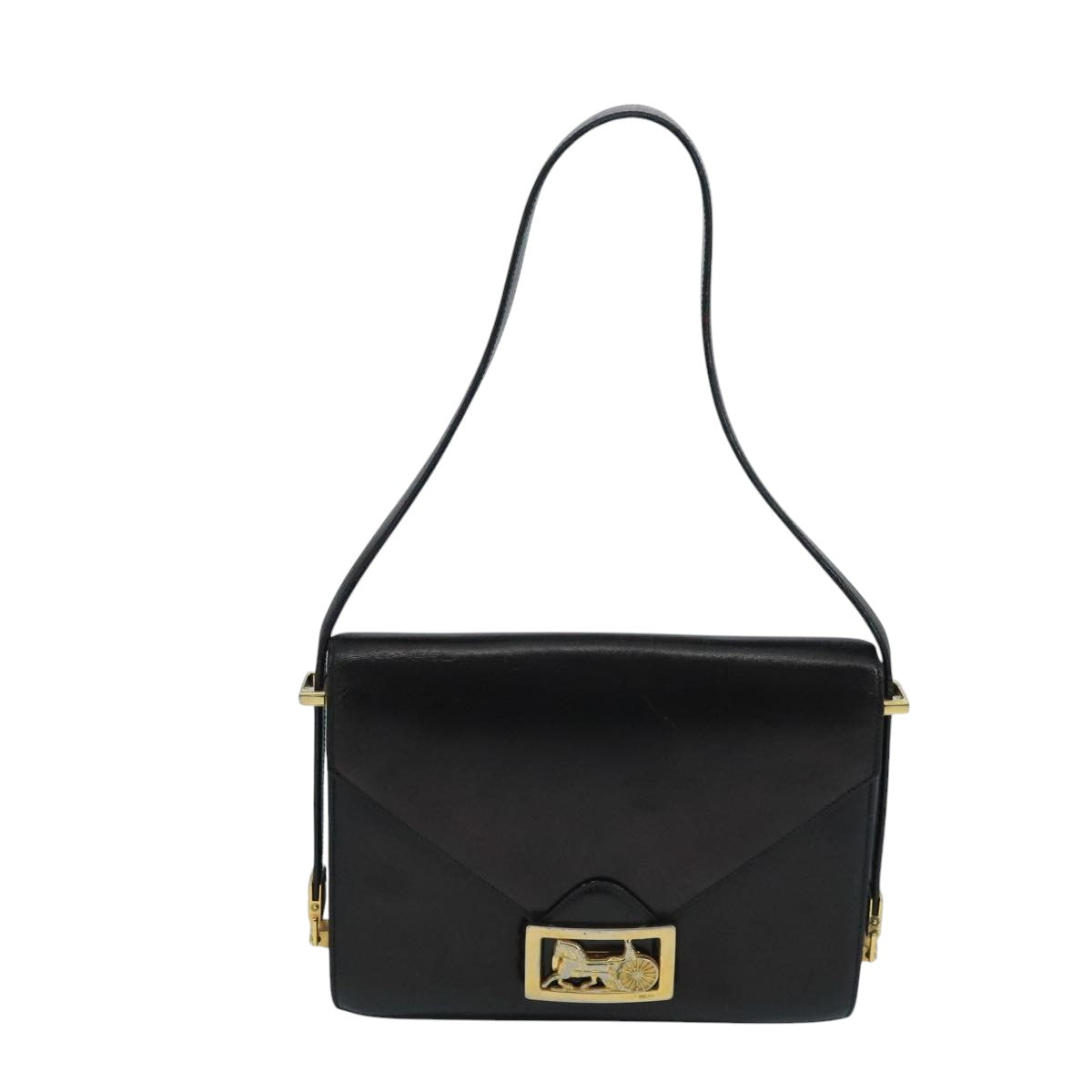 CELINE Horse Carriage Shoulder Bag Leather Black Gold Auth 104515