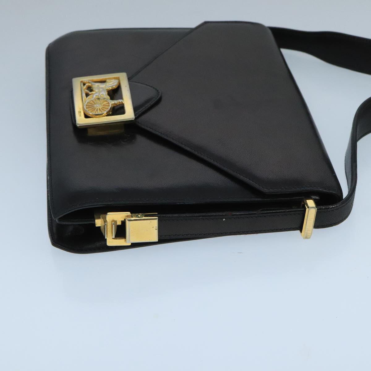 CELINE Horse Carriage Shoulder Bag Leather Black Gold Auth 104515