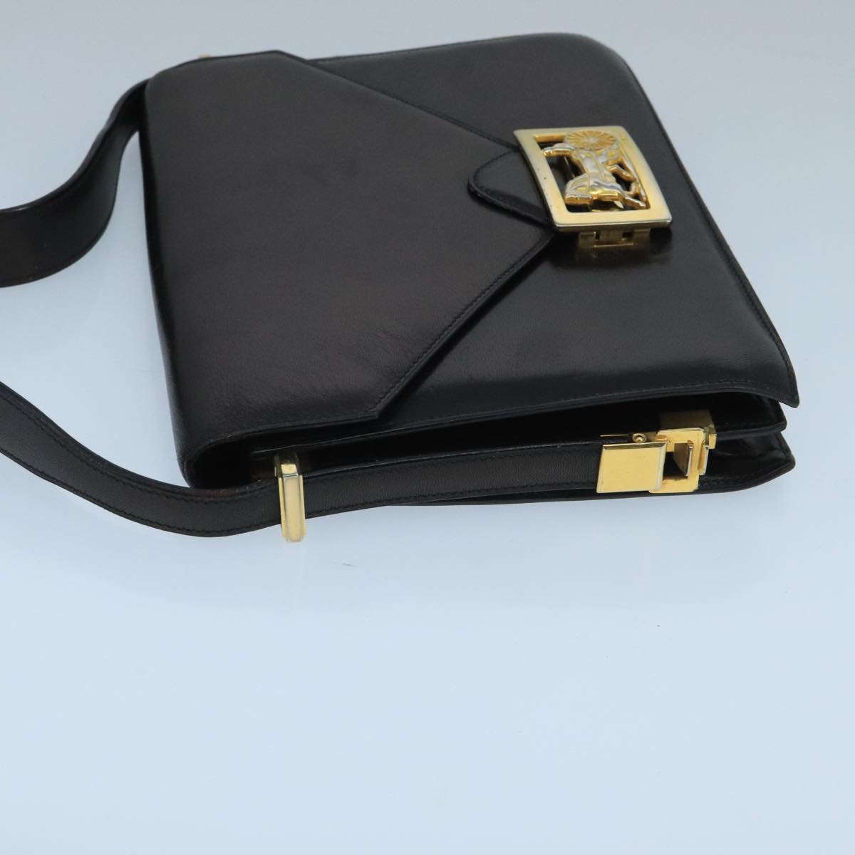 CELINE Horse Carriage Shoulder Bag Leather Black Gold Auth 104515