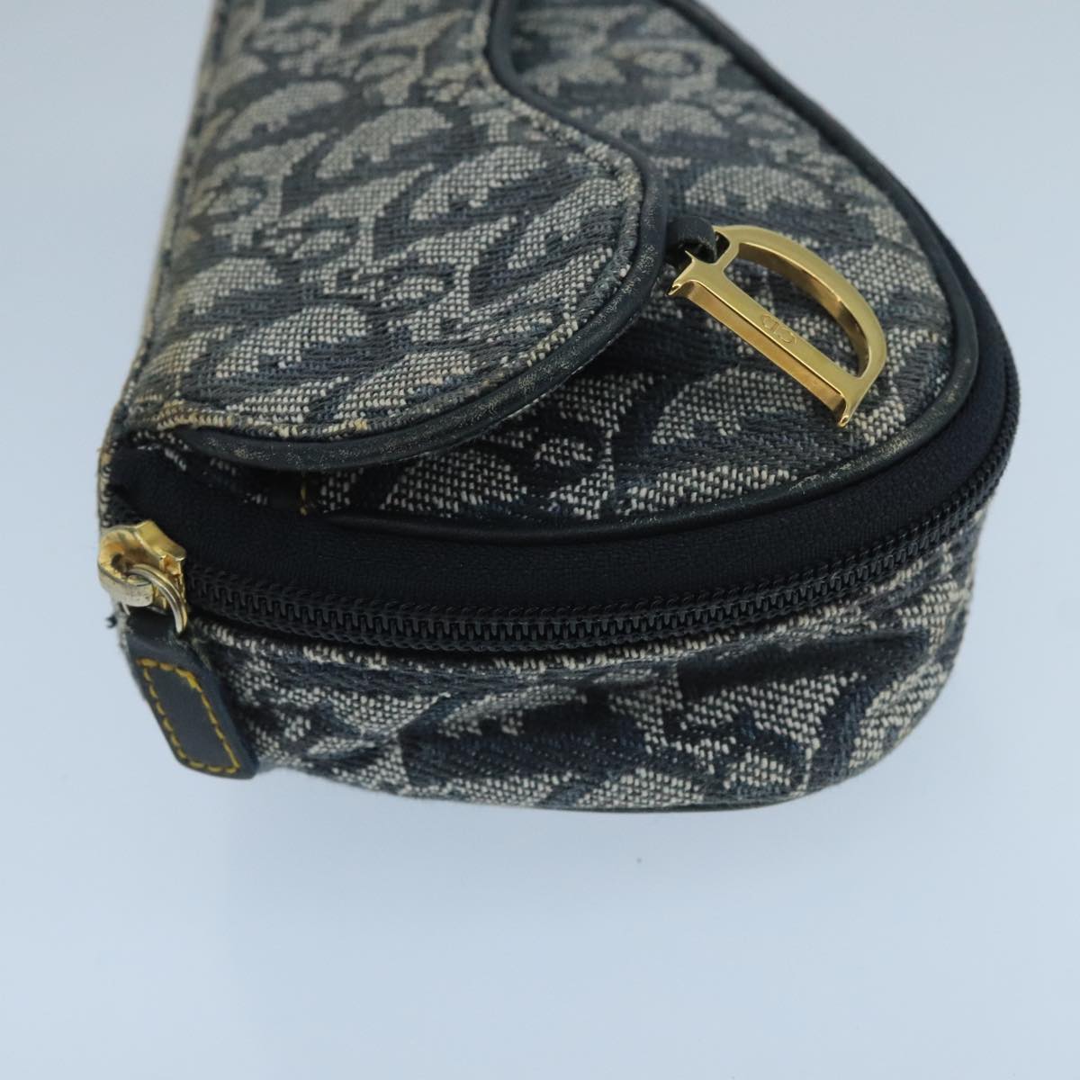 Christian Dior Trotter Canvas Pouch Navy Gold Auth 104571