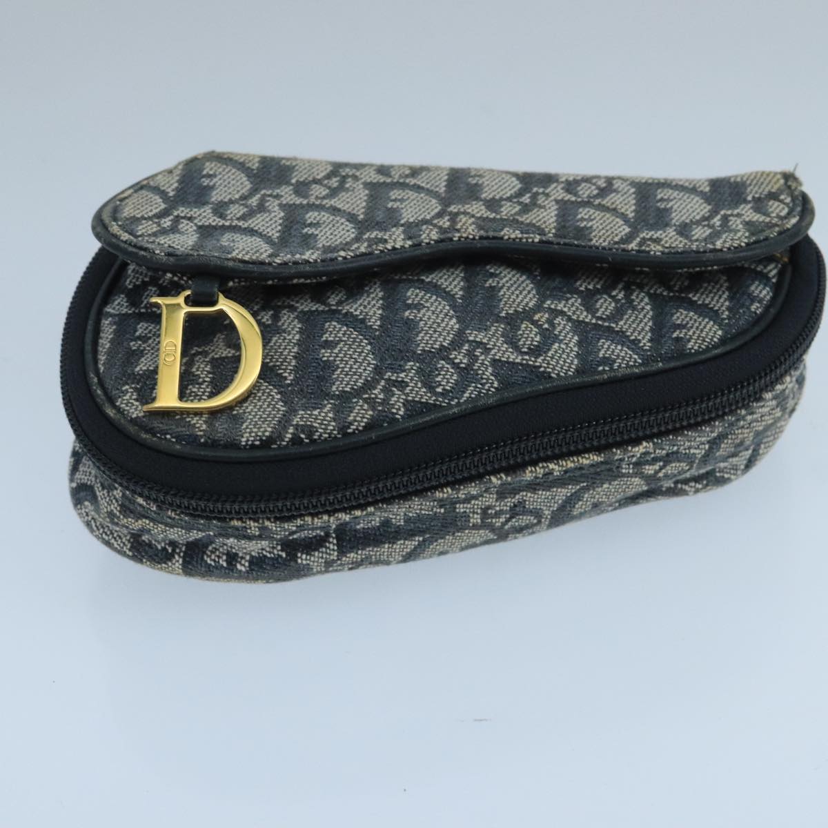 Christian Dior Trotter Canvas Pouch Navy Gold Auth 104571