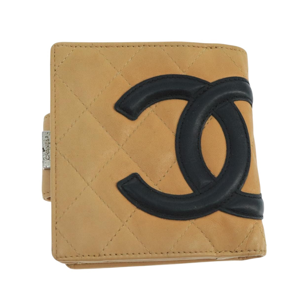 CHANEL Cambon Line Wallet Leather Beige Black CC Auth 104762