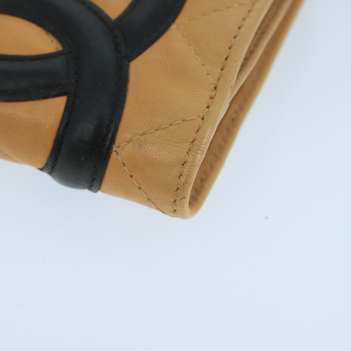 CHANEL Cambon Line Wallet Leather Beige Black CC Auth 104762