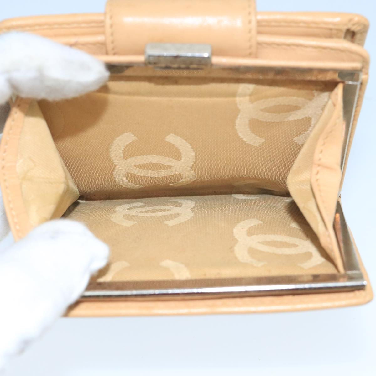 CHANEL Cambon Line Wallet Leather Beige Black CC Auth 104762