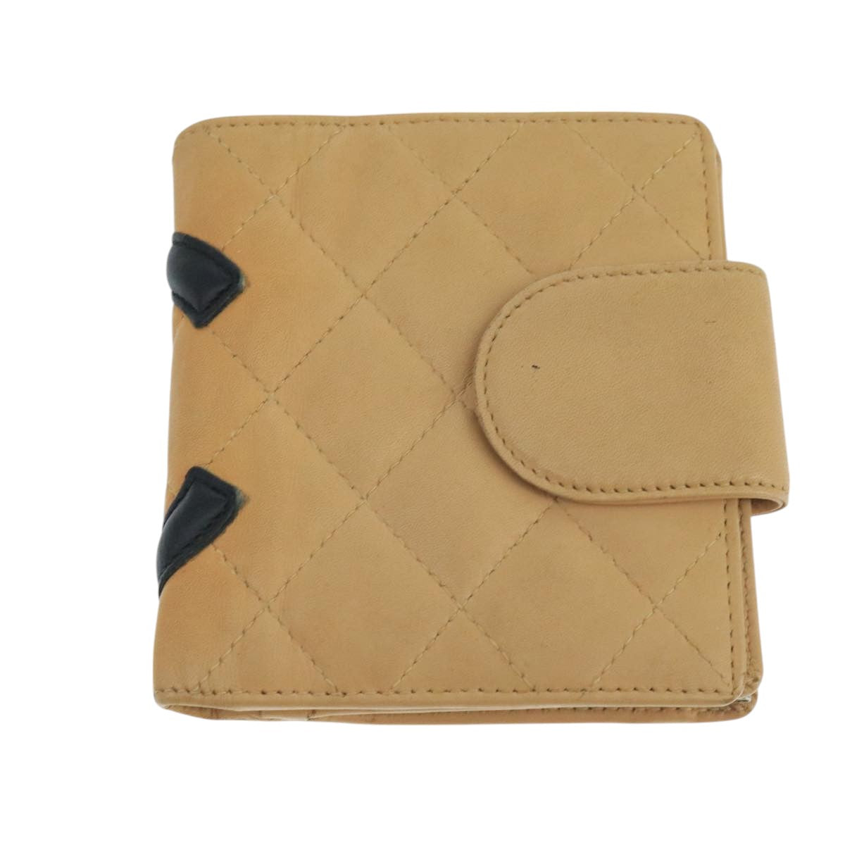 CHANEL Cambon Line Wallet Leather Beige Black CC Auth 104762