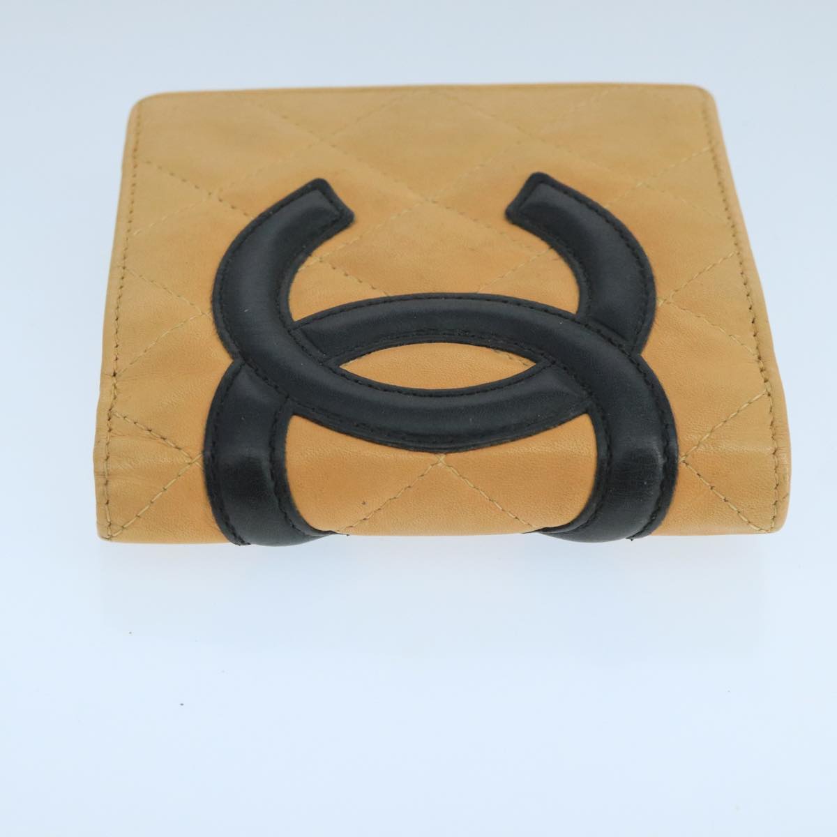 CHANEL Cambon Line Wallet Leather Beige Black CC Auth 104762