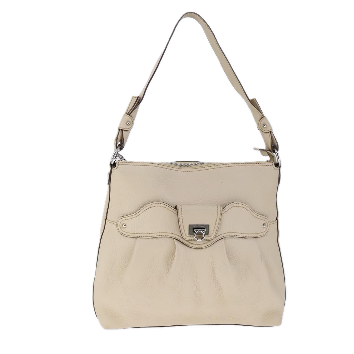 Salvatore Ferragamo Gancini Shoulder Bag Leather Beige Silver Auth 104818