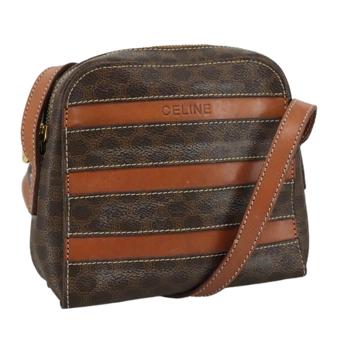 CELINE Macadam Canvas Shoulder Bag PVC Leather Brown Auth 104853