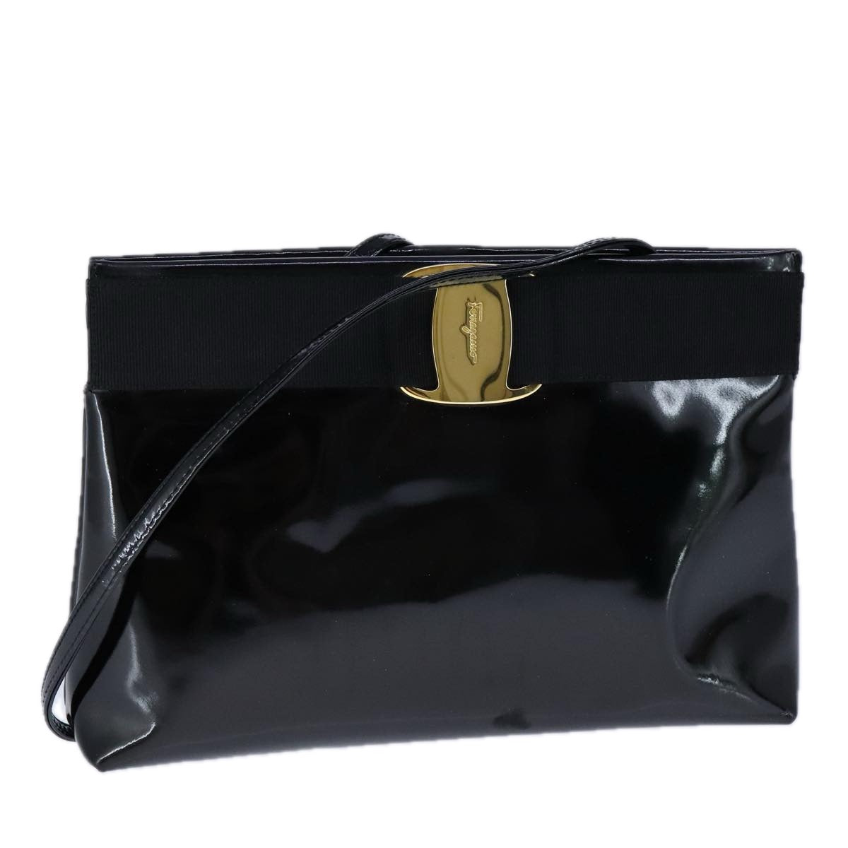 Salvatore Ferragamo Vala Shoulder Bag Enamel Black Auth 104887