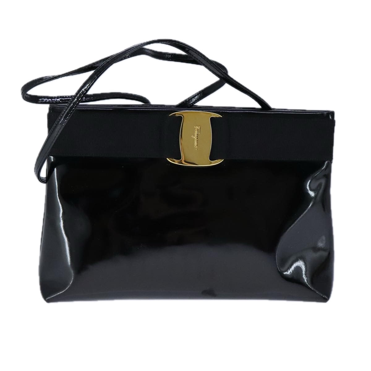 Salvatore Ferragamo Vala Shoulder Bag Enamel Black Auth 104887