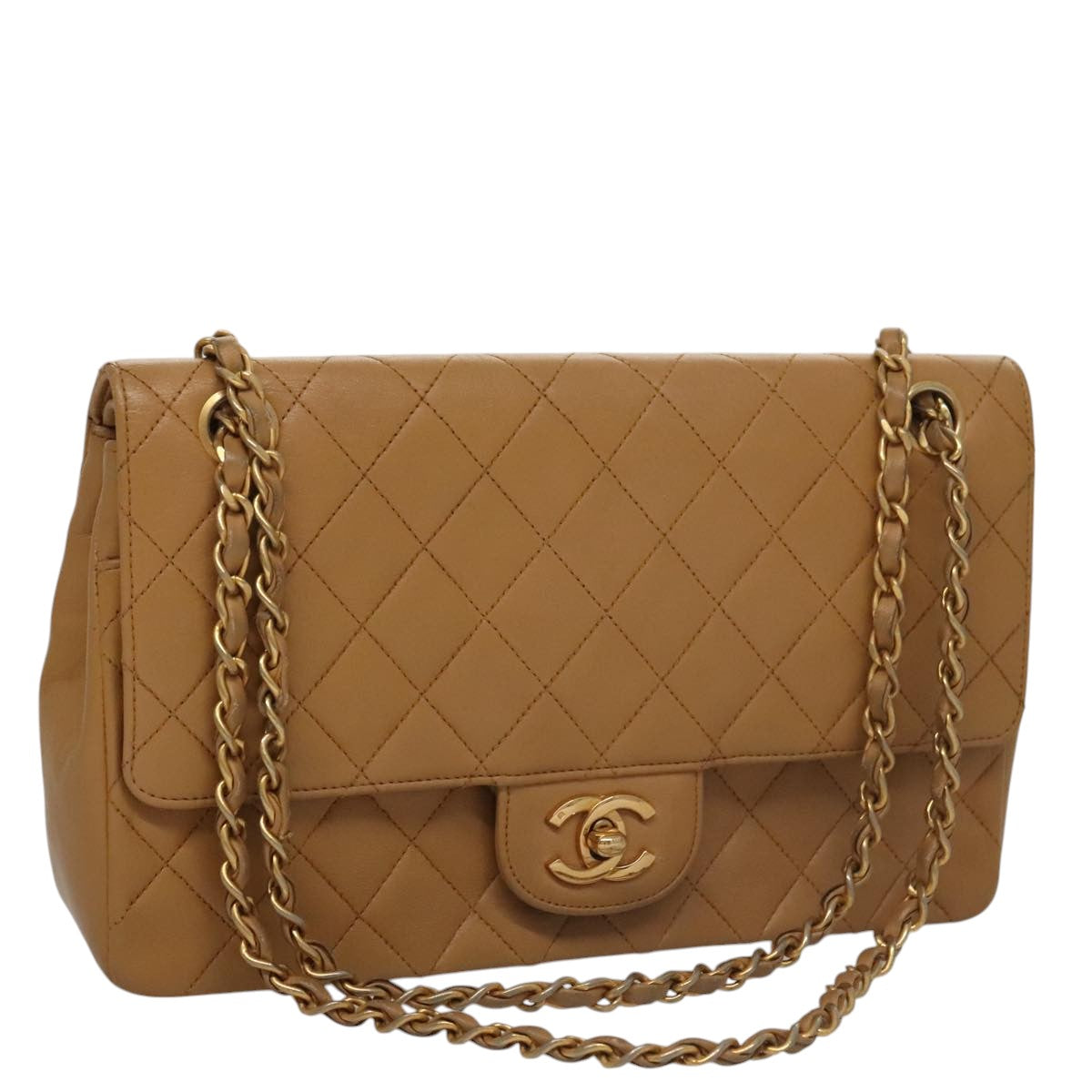 CHANEL Matelasse Chain Shoulder Bag Lamb Skin Brown CC Auth 104997