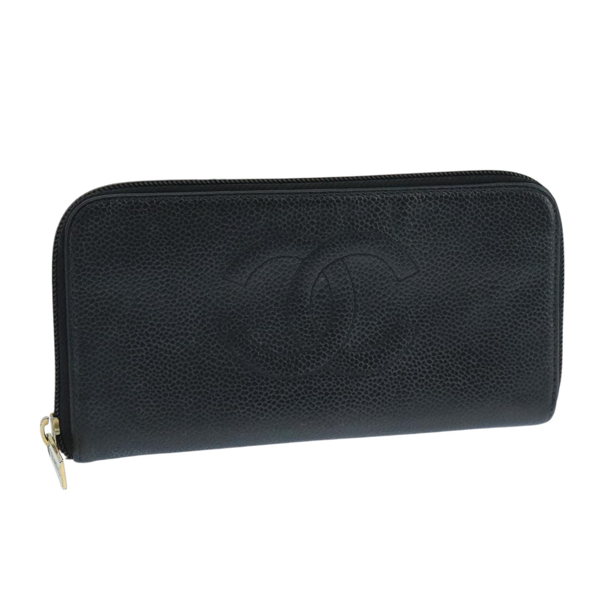 CHANEL COCO Mark Wallet Caviar Skin Black Gold CC Auth 105006