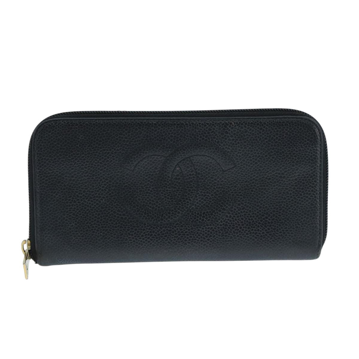 CHANEL COCO Mark Wallet Caviar Skin Black Gold CC Auth 105006