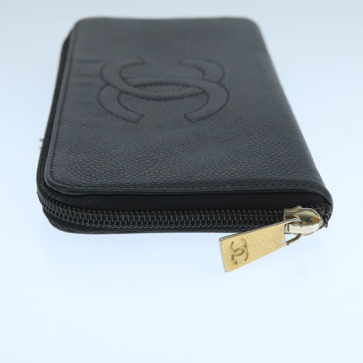 CHANEL COCO Mark Wallet Caviar Skin Black Gold CC Auth 105006