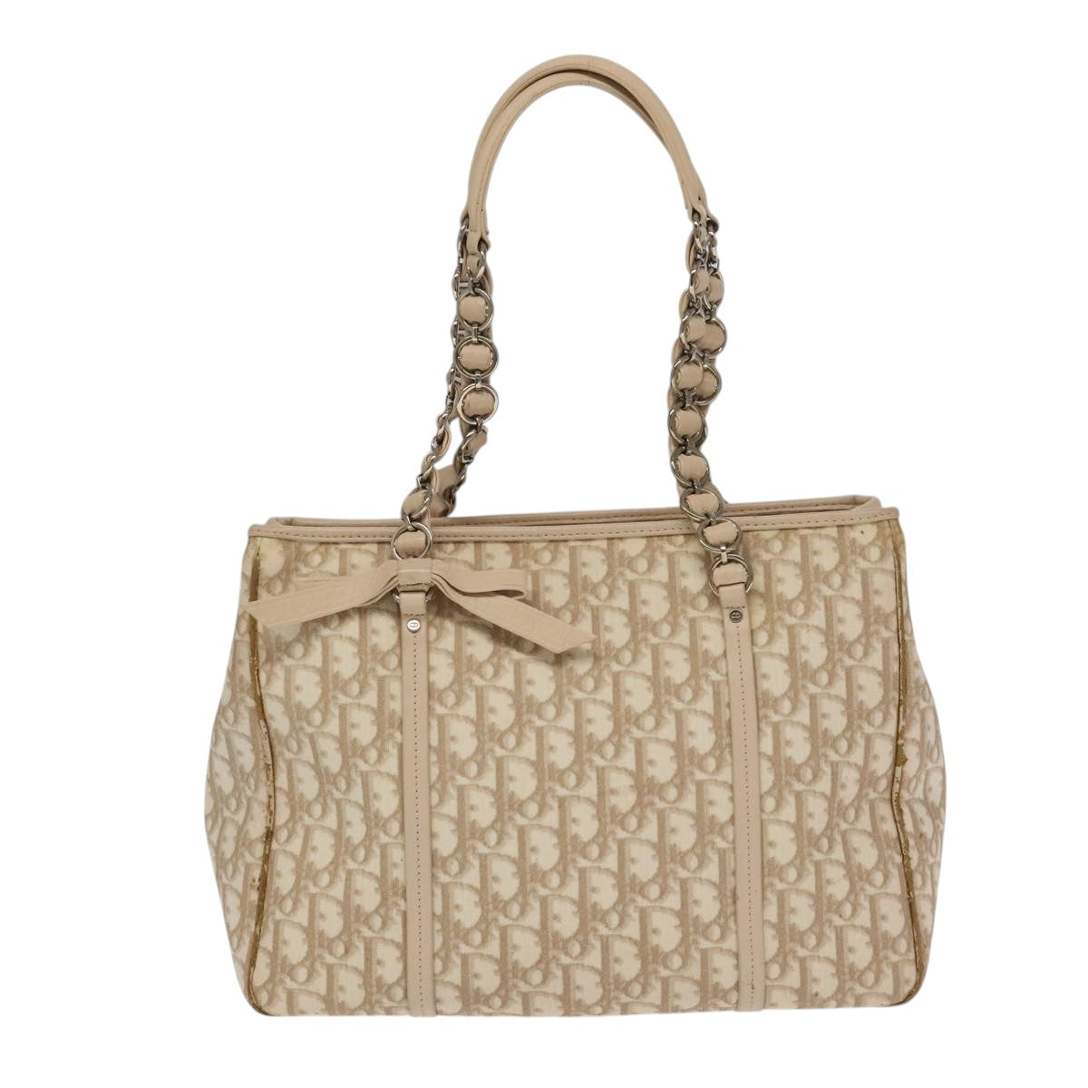 Christian Dior Trotter Canvas Romantic Shoulder Bag PVC Beige Silver Auth 105054