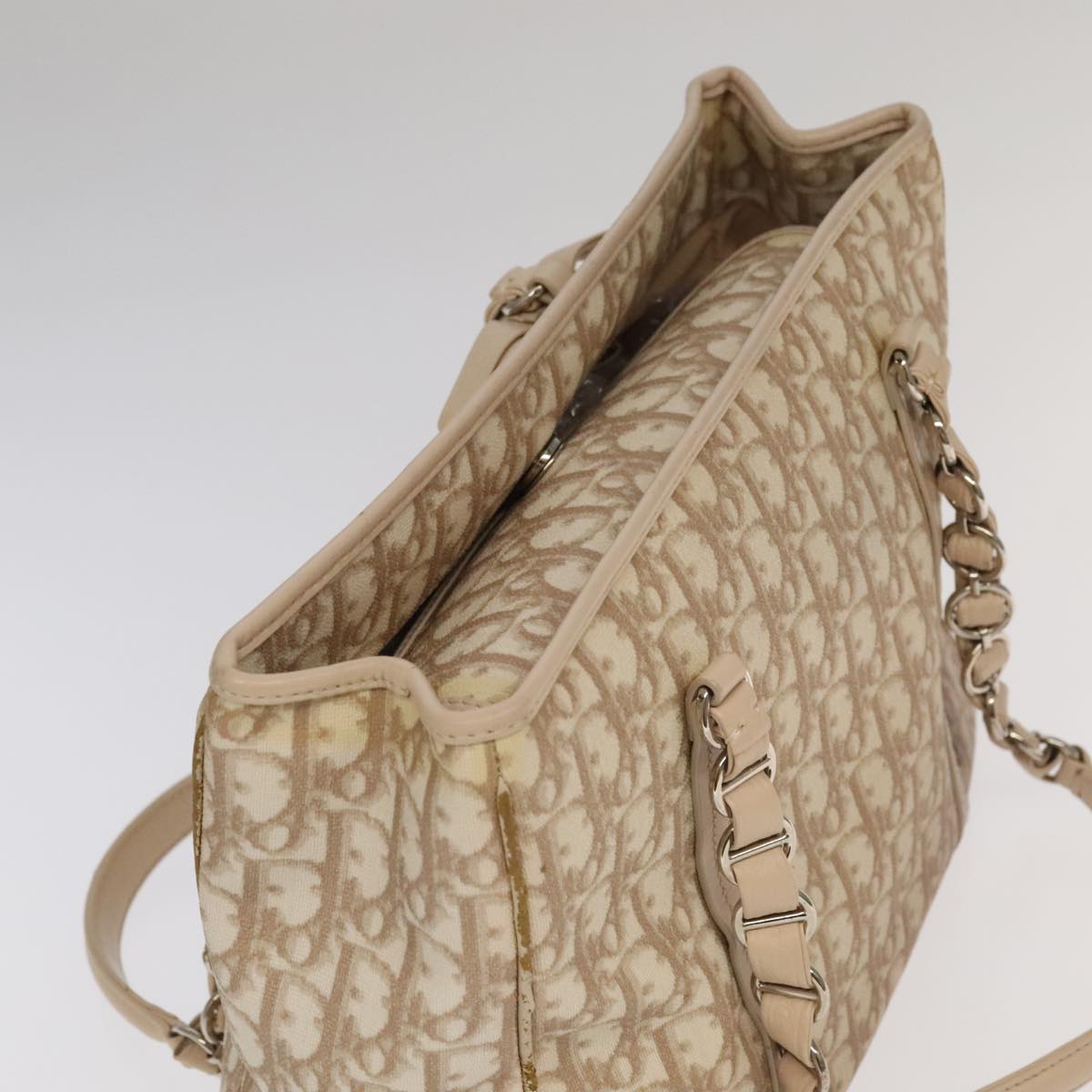 Christian Dior Trotter Canvas Romantic Shoulder Bag PVC Beige Silver Auth 105054