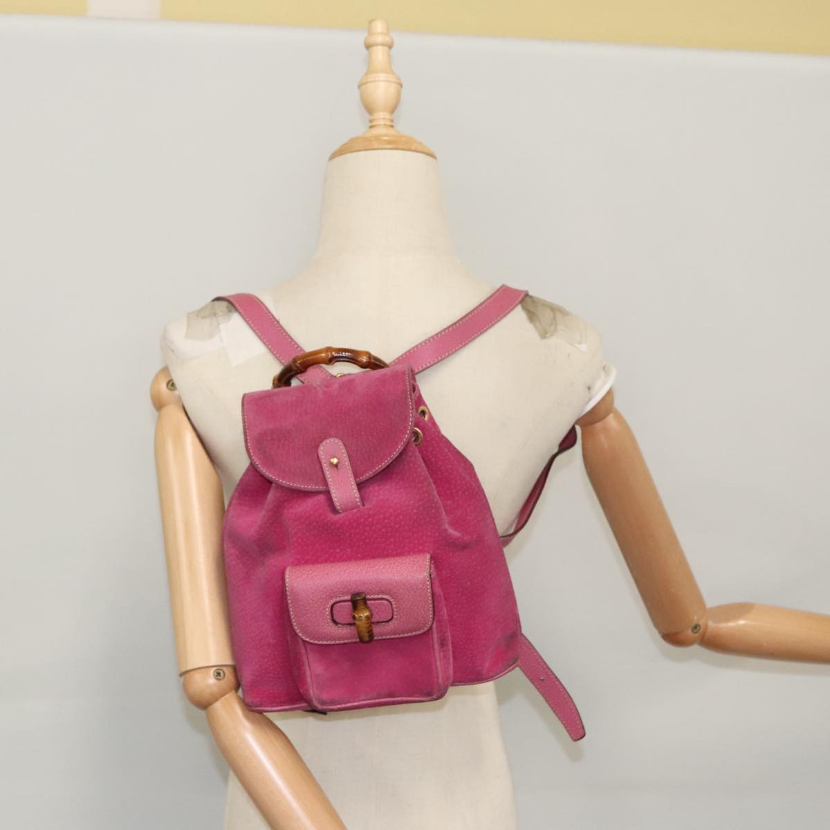 GUCCI Bamboo Backpack Suede Pink Gold 003 1705 0030 Auth 105060